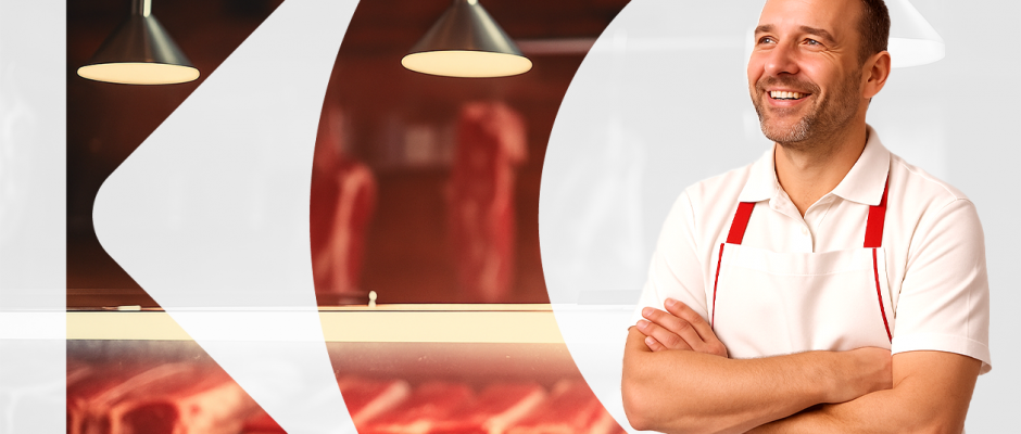 Atendente sorridente de avental branco e detalhes vermelhos atrás do balcão de açougue, com carnes expostas e iluminação pendente ao fundo.