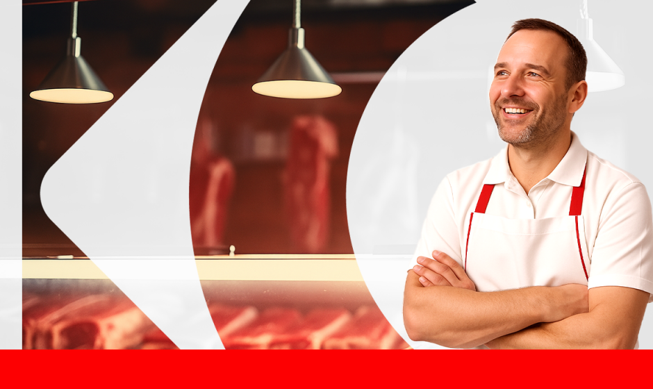 Atendente sorridente de avental branco e detalhes vermelhos atrás do balcão de açougue, com carnes expostas e iluminação pendente ao fundo.