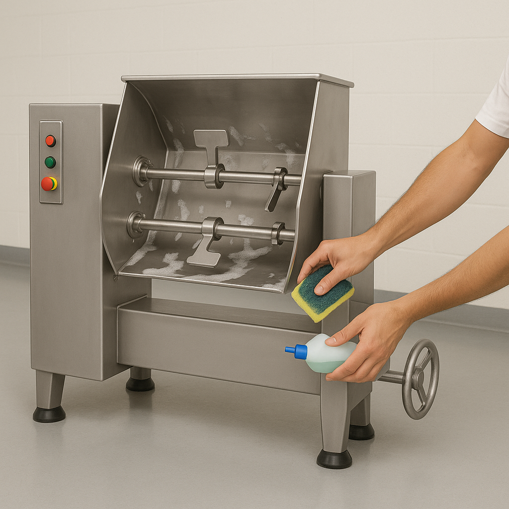 Operador higienizando a cuba da Misturadeira com sabão neutro e esponja macia