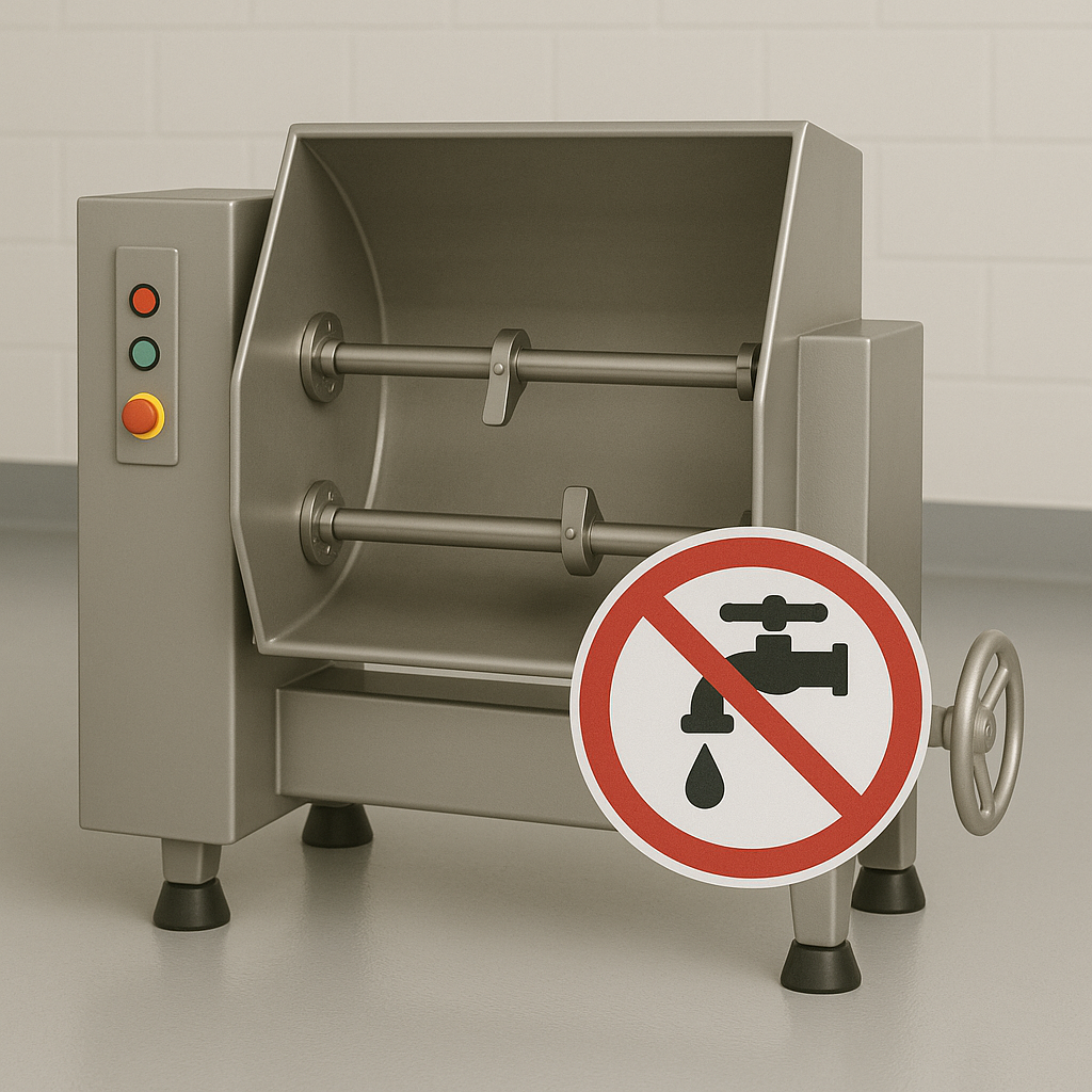 Placa de aviso em frente a Misturadeira CAF, indicando para não jogar água nas partes elétricas do equipamento