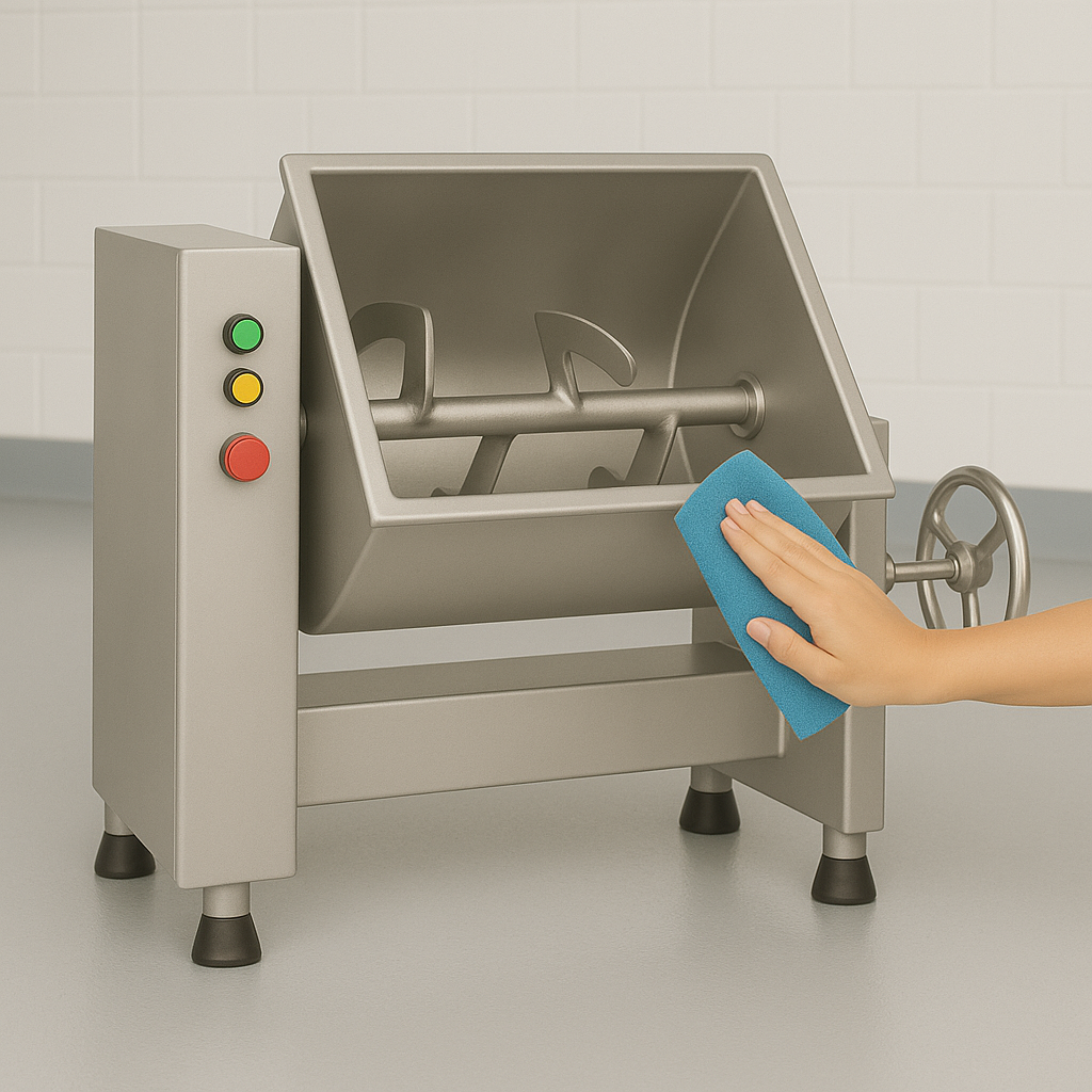 Operador secando a Misturadeira CAF com pano limpo e levemente umedecido, evitando acúmulo de umidade